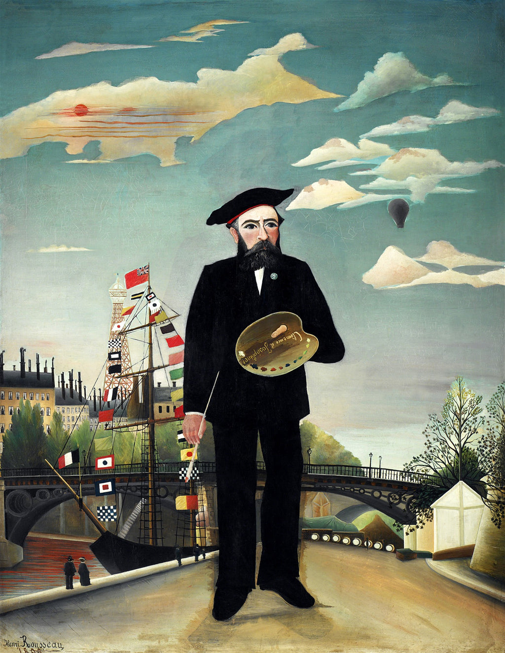 Quadro decorativo "O Retrato do Artista" de Henri Rousseau, um autorretrato com paleta e pincel em um cenário parisiense com a Torre Eiffel e pontes.
