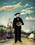 Quadro decorativo "O Retrato do Artista" de Henri Rousseau, um autorretrato com paleta e pincel em um cenário parisiense com a Torre Eiffel e pontes.