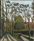 Quadro decorativo 'A Alameda de Árvores' de Henri Rousseau, mostrando uma paisagem com árvores altas e finas, um caminho sinuoso e figuras humanas pequenas em estilo naïf.