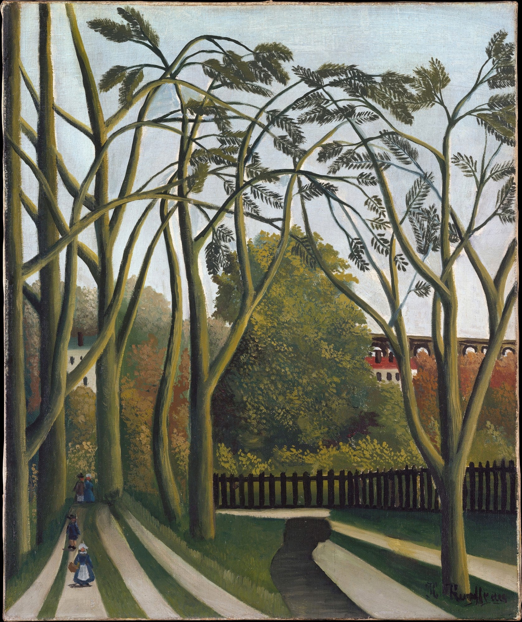 Quadro decorativo 'A Alameda de Árvores' de Henri Rousseau, mostrando uma paisagem com árvores altas e finas, um caminho sinuoso e figuras humanas pequenas em estilo naïf.