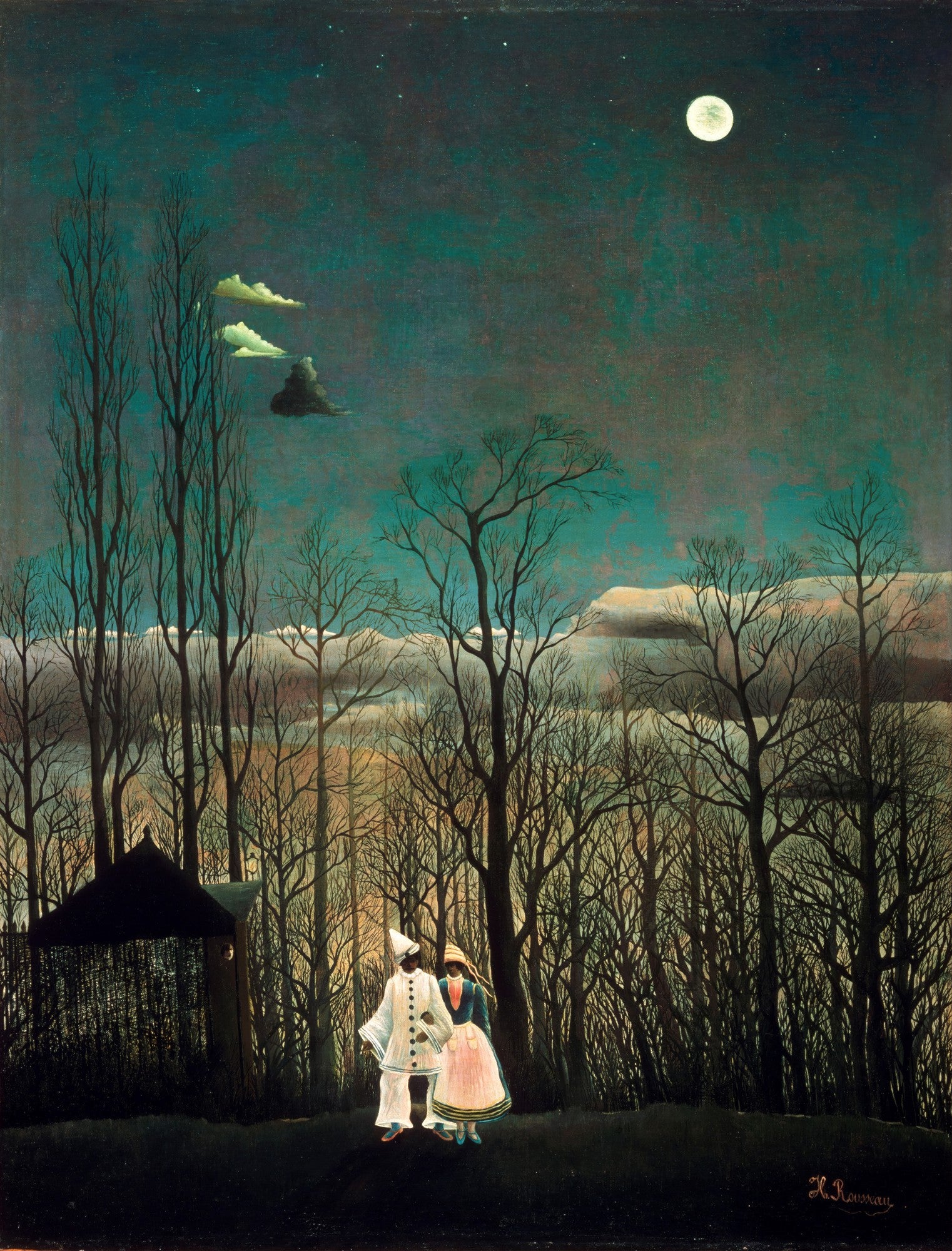 Quadro decorativo noturno de Henri Rousseau, "Os Foliões", com duas figuras fantasiadas em uma floresta sob a luz da lua cheia e estrelas.