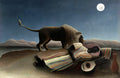 Quadro decorativo "A Cigana Adormecida" de Henri Rousseau, com uma mulher dormindo e um leão observando sob a luz da lua cheia em uma paisagem árida.