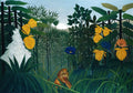 Quadro decorativo com a obra 'A Selva Equatorial' de Henri Rousseau, retratando uma densa selva com um leão e vegetação exótica sob a luz da lua.