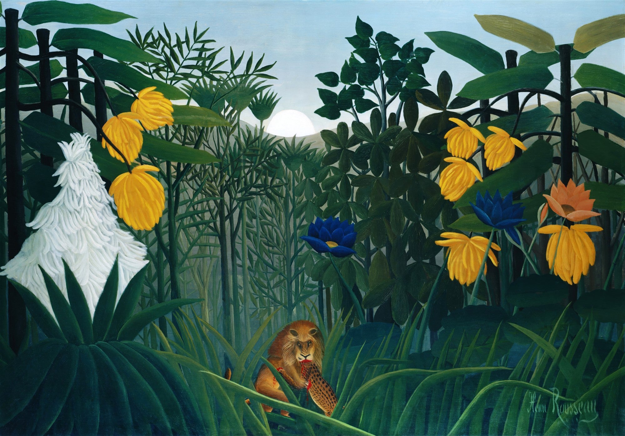 Quadro decorativo com a obra 'A Selva Equatorial' de Henri Rousseau, retratando uma densa selva com um leão e vegetação exótica sob a luz da lua.