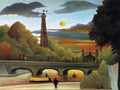 Quadro decorativo mostrando a Torre Eiffel em uma paisagem onírica de Henri Rousseau, com ponte sobre o rio e céu alaranjado