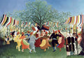 Quadro decorativo "A Festa da Independência" de Henri Rousseau, mostrando pessoas dançando em um círculo em um parque com bandeiras coloridas ao fundo e uma grande árvore central.