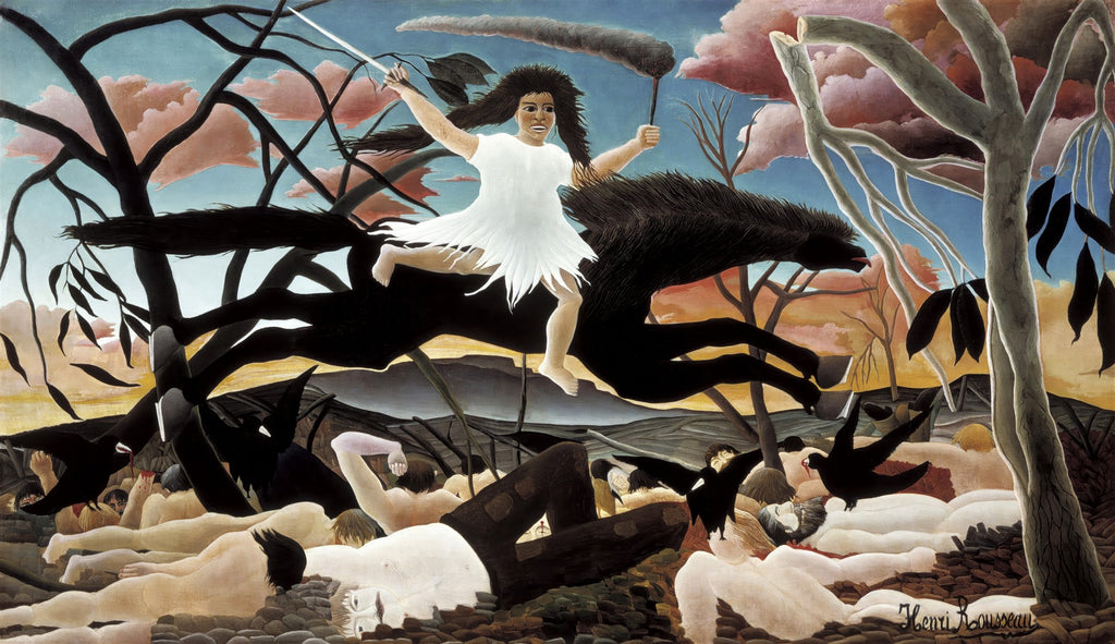 Quadro decorativo 'A Guerra' de Henri Rousseau, mostrando uma figura feminina montada em um cavalo escuro, empunhando uma espada, sobre um campo de corpos e árvores retorcidas sob um céu avermelhado.