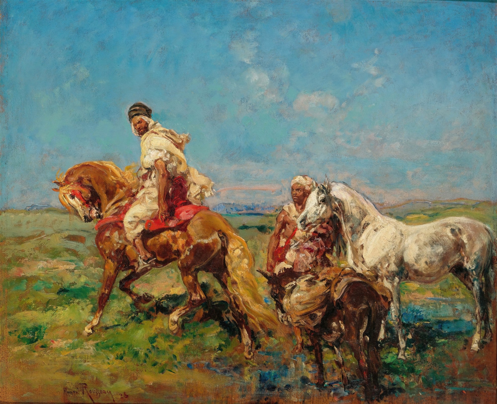Quadro decorativo mostrando uma cena orientalista com cavaleiros em cavalos, sob um céu azul, em paisagem verde.