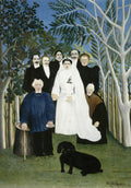 Quadro decorativo com a pintura 'A Noiva e Seus Convidados' de Henri Rousseau, mostrando um grupo de pessoas em trajes de época, incluindo uma noiva de branco, em um cenário de floresta com um cachorro preto no primeiro plano.