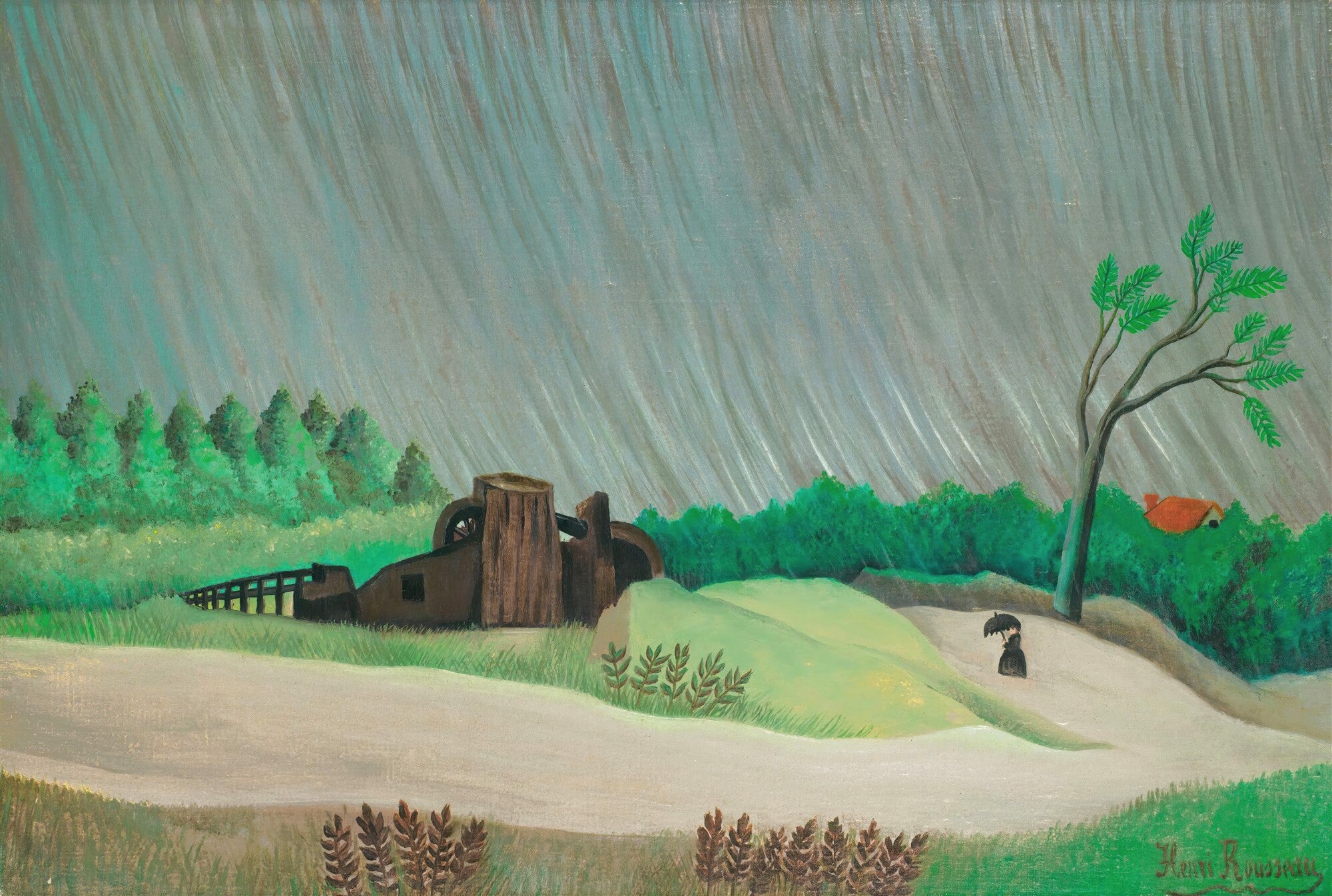 Pintura de Henri Rousseau, A Carroça de Père Junier, mostrando uma paisagem rural sob chuva intensa. Um homem com guarda-chuva caminha, e uma carroça abandonada está à esquerda.