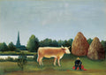 Quadro decorativo 'A Carroça de Feno' de Henri Rousseau, mostrando uma vaca, um camponês e pilhas de feno em uma paisagem campestre. Predominam tons de verde, azul e marrom.