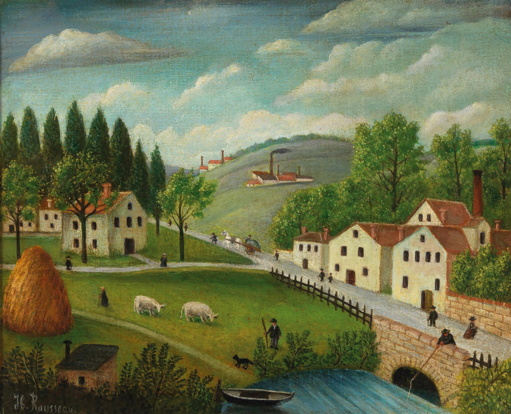 Quadro decorativo com paisagem rural e fábricas de Henri Rousseau, em estilo Naïf, com casas, árvores e animais em tons de verde, azul e marrom.