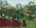 Quadro decorativo de Henri Rousseau, A Selva Tropical, com macacos em uma densa floresta, folhas verdes e avermelhadas, e flores aquáticas brancas e amarelas.