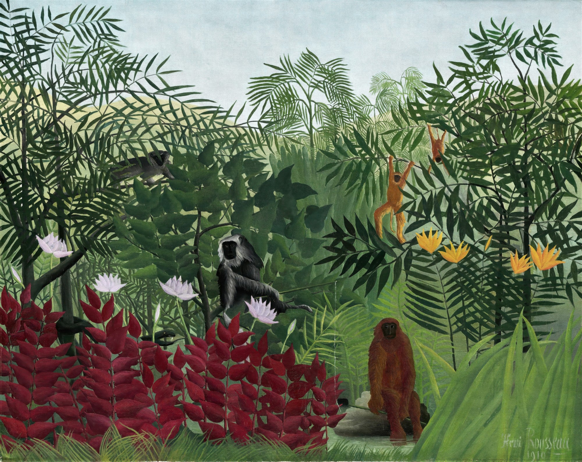 Quadro decorativo de Henri Rousseau, A Selva Tropical, com macacos em uma densa floresta, folhas verdes e avermelhadas, e flores aquáticas brancas e amarelas.