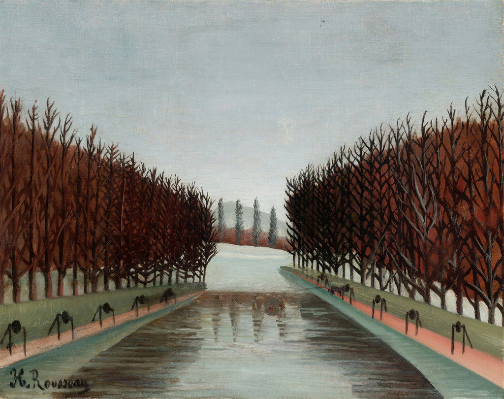 Quadro decorativo com paisagem de outono de Henri Rousseau, mostrando uma avenida ladeada por árvores sem folhas e um canal de água refletindo o céu.