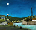Quadro decorativo noturno de Henri Rousseau, 'A Ponte de Sevres e as Colinas de Saint-Cloud'. Uma paisagem com rio, ponte, chaminé soltando fumaça, torre, casas e figuras humanas sob a luz da lua.