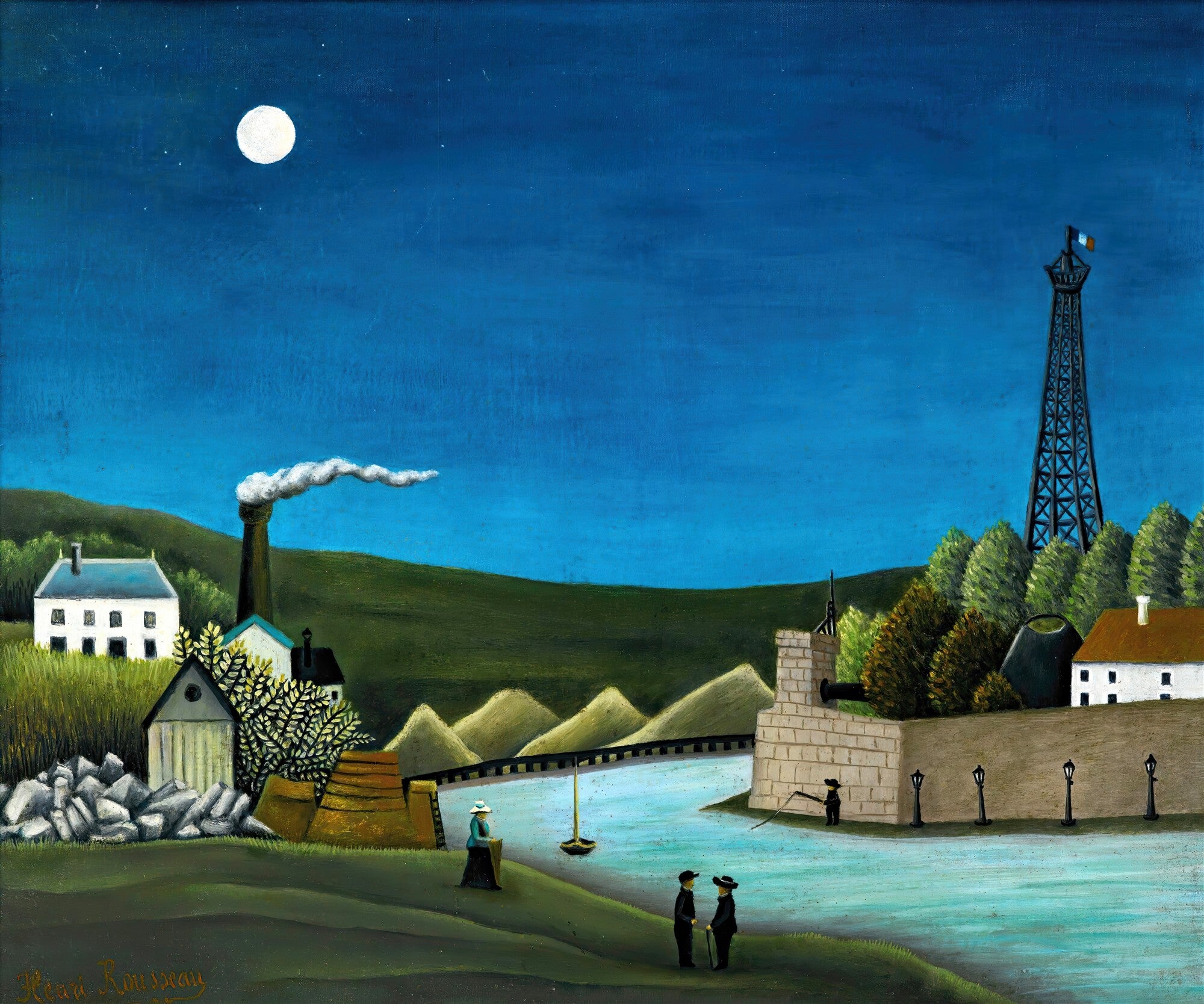 Quadro decorativo noturno de Henri Rousseau, 'A Ponte de Sevres e as Colinas de Saint-Cloud'. Uma paisagem com rio, ponte, chaminé soltando fumaça, torre, casas e figuras humanas sob a luz da lua.