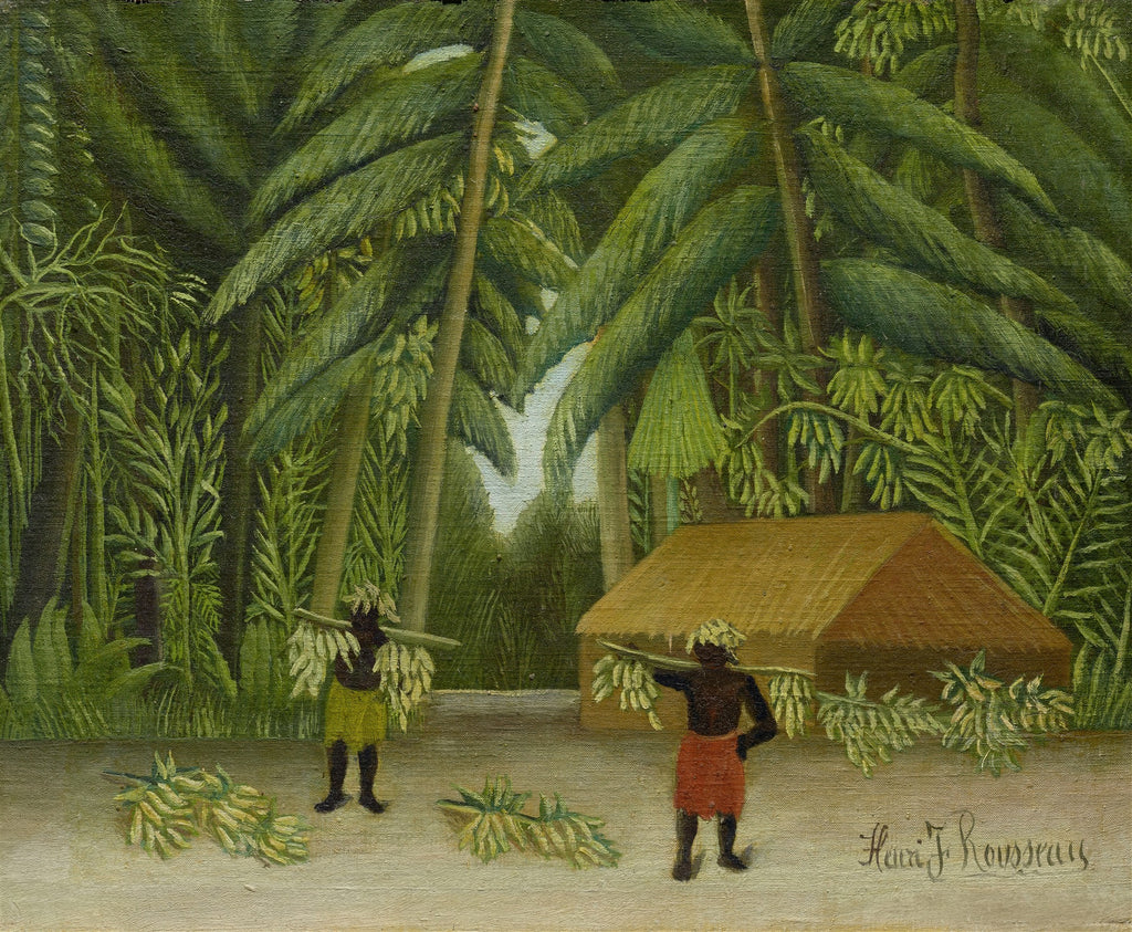 Quadro decorativo 'Colheita de Bananas' de Henri Rousseau, mostrando duas figuras em uma paisagem tropical colhendo bananas perto de uma cabana, com palmeiras e folhagens densas ao fundo. A assinatura do artista está visível no canto inferior direito.