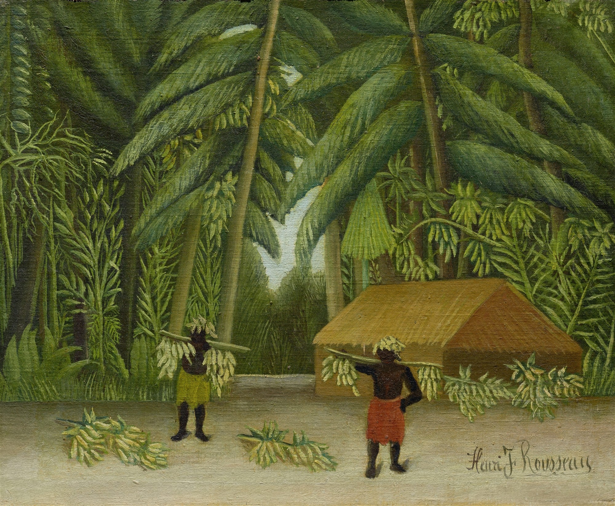 Quadro decorativo 'Colheita de Bananas' de Henri Rousseau, mostrando duas figuras em uma paisagem tropical colhendo bananas perto de uma cabana, com palmeiras e folhagens densas ao fundo. A assinatura do artista está visível no canto inferior direito.