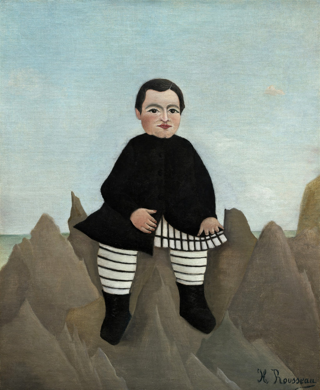 Quadro de Henri Rousseau, intitulado 'A criança na rocha', mostrando uma criança sentada em rochas pontudas à beira-mar, com céu azul e sereno ao fundo. A criança veste um casaco preto e meias listradas brancas e pretas, com uma expressão facial suave e enigmática. A assinatura do artista está no canto inferior direito.