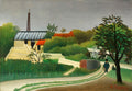 Quadro decorativo "A Carroça de Père Junier" de Henri Rousseau, mostrando uma paisagem bucólica com uma carroça, figuras humanas, vegetação exuberante e a Torre Eiffel ao fundo sob um céu cinzento.