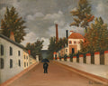 Quadro decorativo 'A Rua' de Henri Rousseau, mostrando uma figura solitária com guarda-chuva em uma rua com casas e chaminés sob um céu nublado.