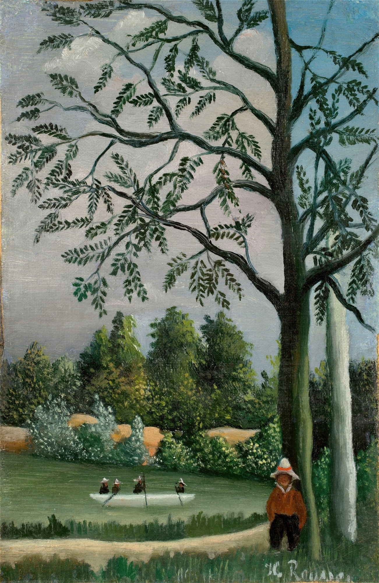 Quadro decorativo com pintura de Henri Rousseau, 'A Remada'. Uma paisagem com um grande carvalho em primeiro plano, um lago com remadores e densa vegetação ao fundo.