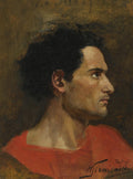 Retrato a óleo de um homem jovem de perfil, com cabelos escuros e encaracolados, vestindo uma camisa vermelha, assinado por Henryk Siemiradzki.