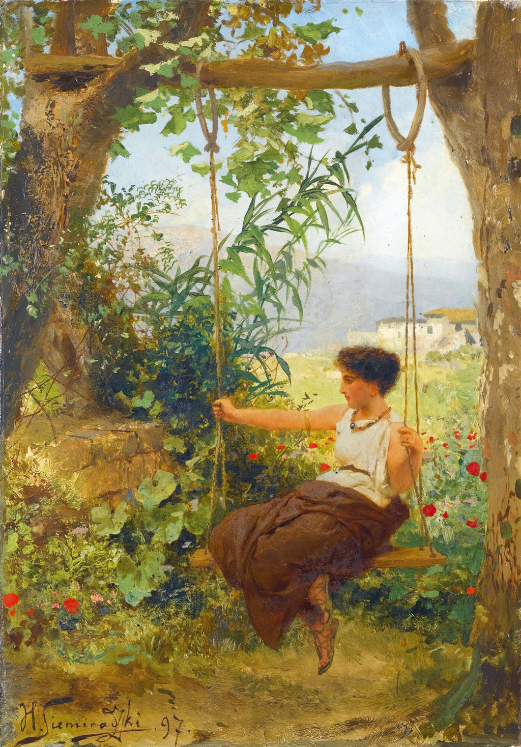 Pintura a óleo de Henryk Siemiradzki mostrando uma jovem com vestido clássico em um balanço, cercada por folhagem verde e flores vermelhas em um cenário mediterrâneo ensolarado.