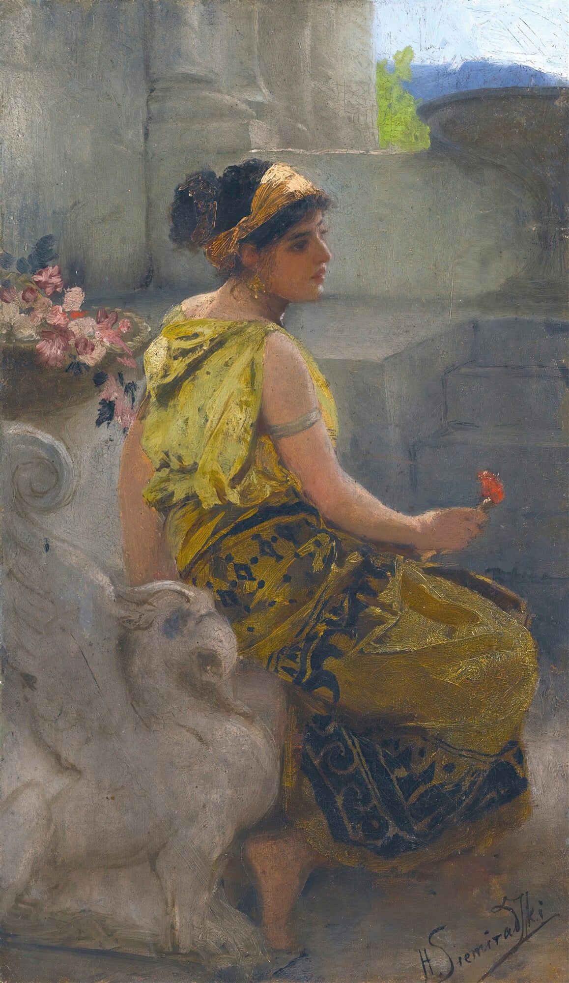 Quadro decorativo "A Jovem Oriental" de Henryk Siemiradzki, retratando uma mulher sentada em trajes orientais com uma flor vermelha na mão, em cenário clássico.