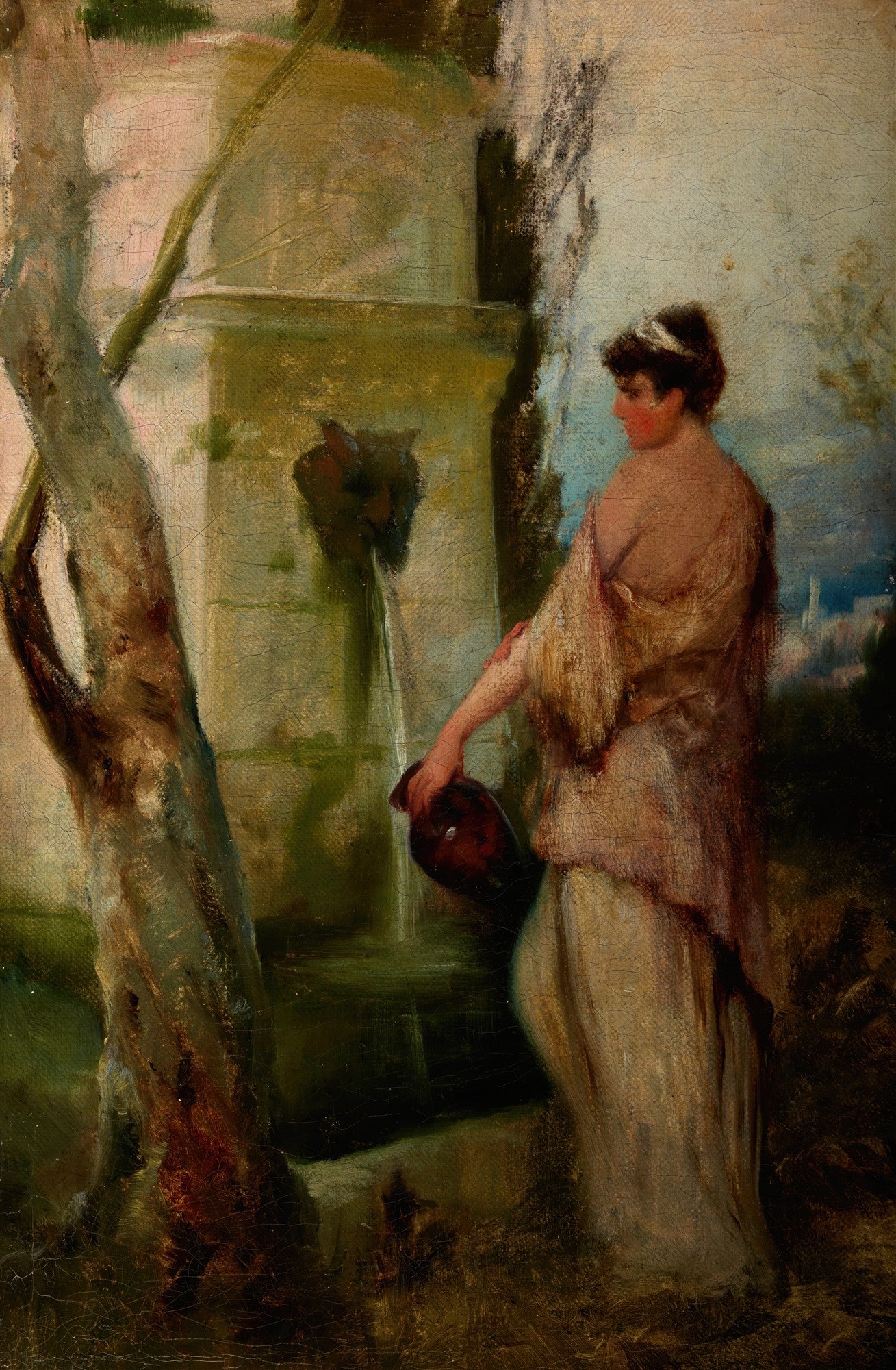 Pintura a óleo de Henryk Siemiradzki mostrando uma mulher em trajes clássicos enchendo um jarro em uma fonte de pedra com rosto esculpido, sob a sombra de uma árvore, em tons terrosos e pastéis.