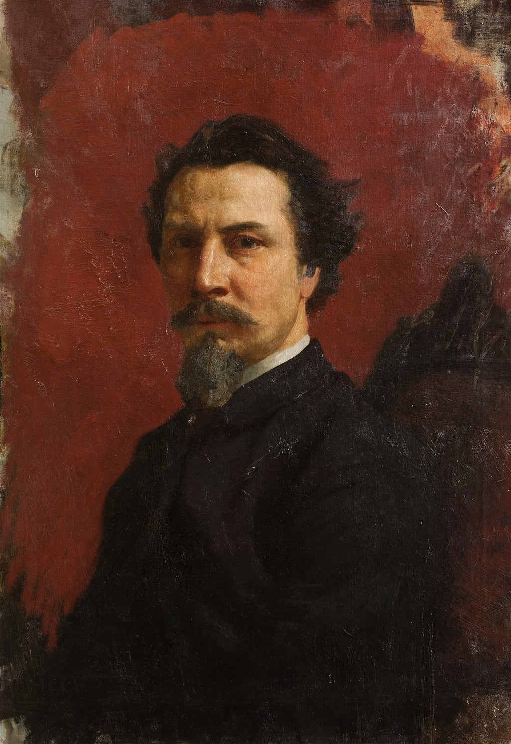Autorretrato de Henryk Siemiradzki, com um homem de bigode e cavanhaque olhando diretamente para o espectador, em um fundo vermelho escuro e com vestes escuras.