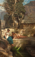 Pintura a óleo de Henryk Siemiradzki, 'A Fonte', mostrando duas mulheres em um ambiente natural, uma sentada e outra deitada perto de uma fonte de água, sob a luz do sol filtrada por árvores. Montanhas ao fundo.