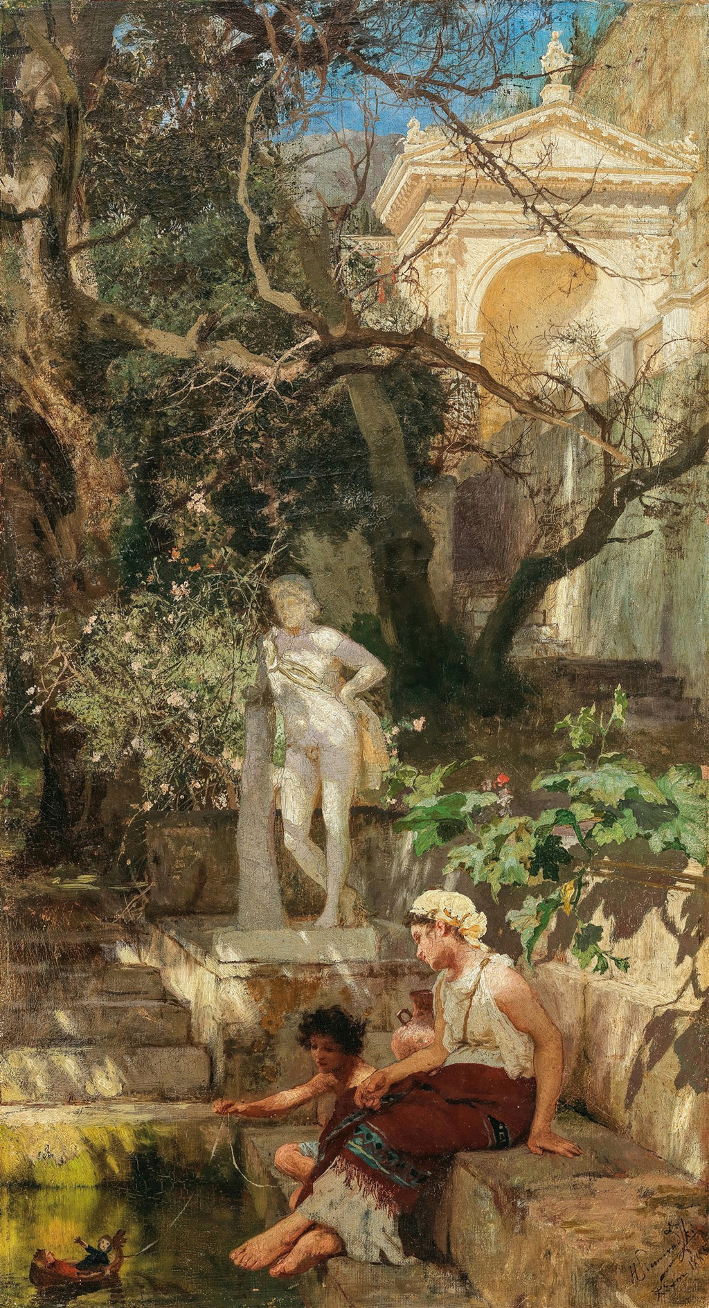 Quadro decorativo 'Jardins Romanos' de Henryk Siemiradzki, representando um jardim luxuoso com arquitetura clássica, vegetação densa, uma estátua e figuras humanas em repouso próximo à água, sob luz solar filtrada.