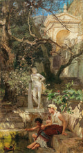 Quadro decorativo 'Jardins Romanos' de Henryk Siemiradzki, representando um jardim luxuoso com arquitetura clássica, vegetação densa, uma estátua e figuras humanas em repouso próximo à água, sob luz solar filtrada.