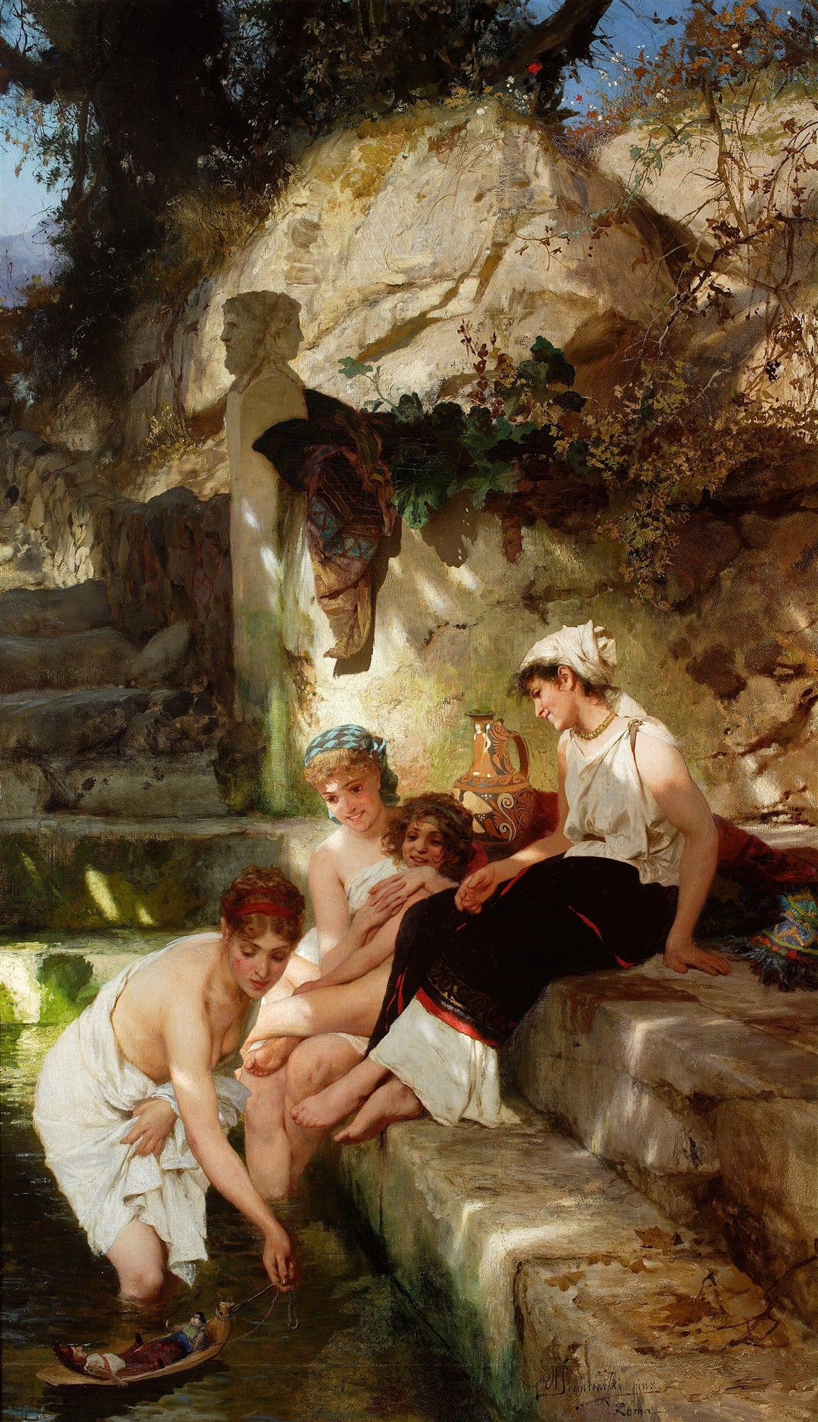 Quadro decorativo "A Fonte" de Henryk Siemiradzki, mostrando mulheres em vestes clássicas, uma delas na água com um barquinho, e outra com uma criança no colo, em um ambiente de pedra e vegetação sob a luz do sol