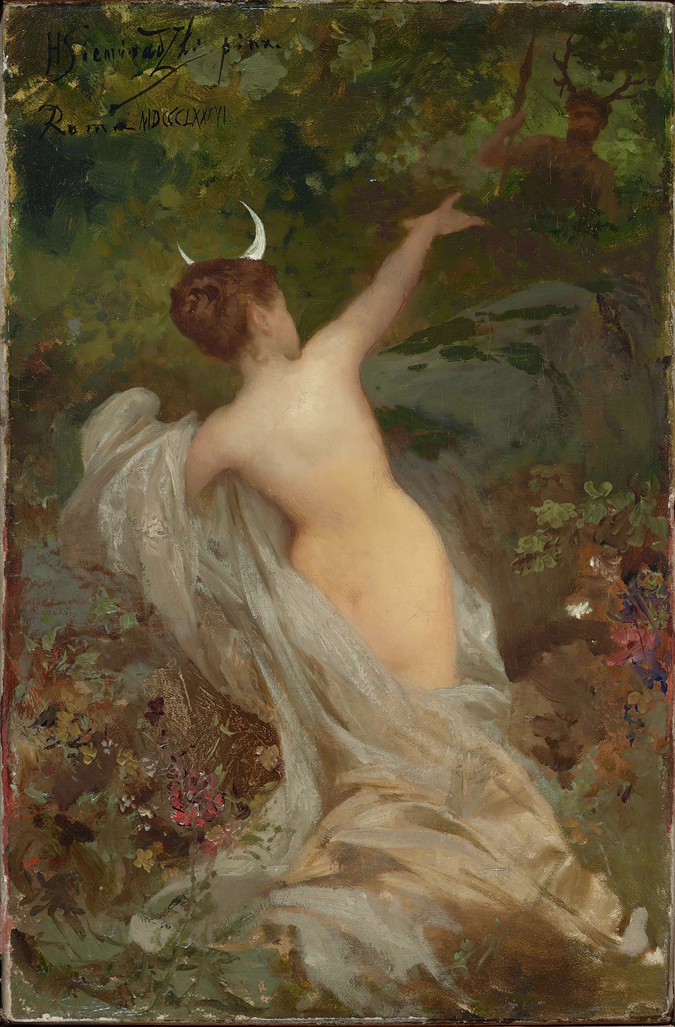 Quadro decorativo 'A Ninfa e o Sátiro' de Henryk Siemiradzki, mostrando uma ninfa nua estendendo a mão para um sátiro em uma floresta escura. A ninfa tem chifres em crescente lunar e um tecido branco esvoaçante.