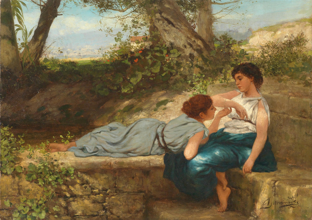 Pintura a óleo de Henryk Siemiradzki mostrando duas mulheres sentadas e deitadas junto a um riacho em um cenário natural exuberante, com árvores e folhagens verdes e céu azul. Uma mulher de vestido branco e azul-petróleo está sentada e a outra de vestido azul claro está deitada ao lado dela, ambas interagindo com gestos sutis.