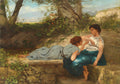 Pintura a óleo de Henryk Siemiradzki mostrando duas mulheres sentadas e deitadas junto a um riacho em um cenário natural exuberante, com árvores e folhagens verdes e céu azul. Uma mulher de vestido branco e azul-petróleo está sentada e a outra de vestido azul claro está deitada ao lado dela, ambas interagindo com gestos sutis.