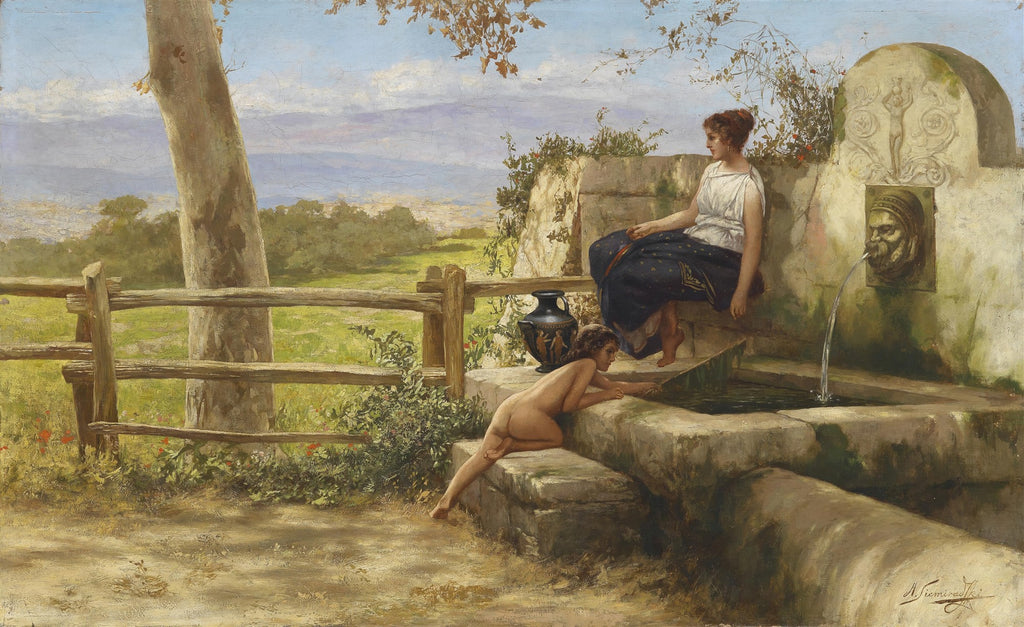 Quadro decorativo "A Fonte" de Henryk Siemiradzki, mostrando duas mulheres perto de uma fonte em um cenário campestre com árvores e colinas ao fundo. Uma mulher sentada elegantemente e outra, nua, inclinada para a água.