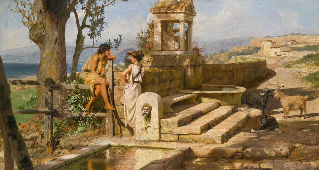 Pintura a óleo de Henryk Siemiradzki 'A Fonte' retratando figuras clássicas em um cenário mediterrâneo com uma fonte de pedra, árvores e cabras ao lado de uma estrada de terra sob um céu azul.