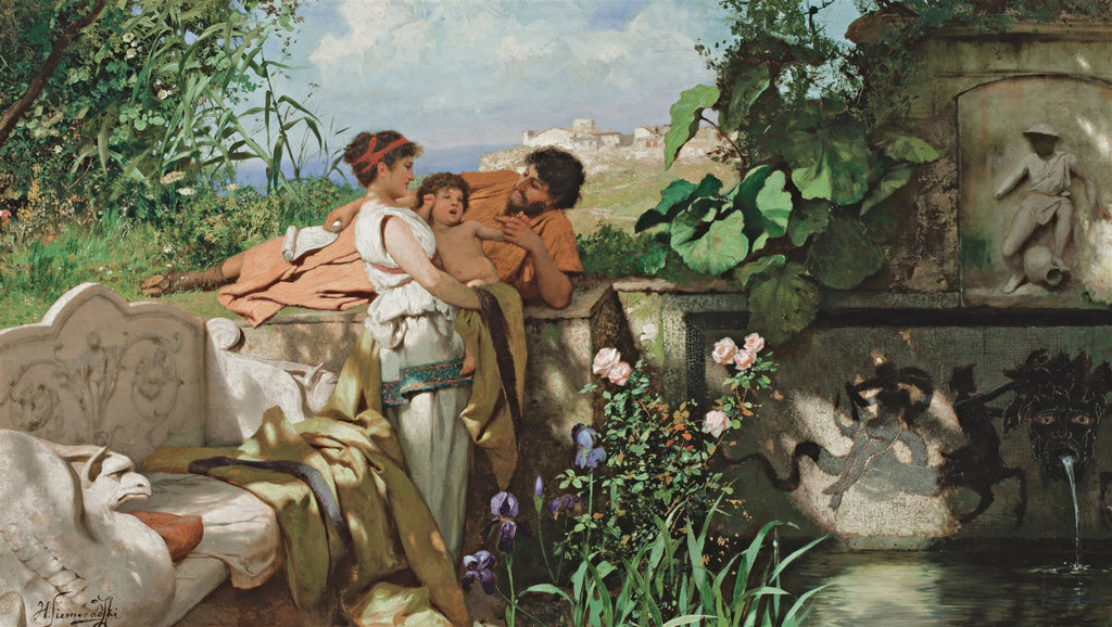 Uma pintura a óleo de Henryk Siemiradzki, 'A Família no Jardim', mostrando um casal com um bebê em um jardim luxuriante com elementos clássicos, como uma fonte e um banco de pedra. A luz do sol ilumina a cena, criando um ambiente idílico e sereno, com folhagens verdes e flores em tons de rosa e roxo.