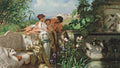 Uma pintura a óleo de Henryk Siemiradzki, 'A Família no Jardim', mostrando um casal com um bebê em um jardim luxuriante com elementos clássicos, como uma fonte e um banco de pedra. A luz do sol ilumina a cena, criando um ambiente idílico e sereno, com folhagens verdes e flores em tons de rosa e roxo.