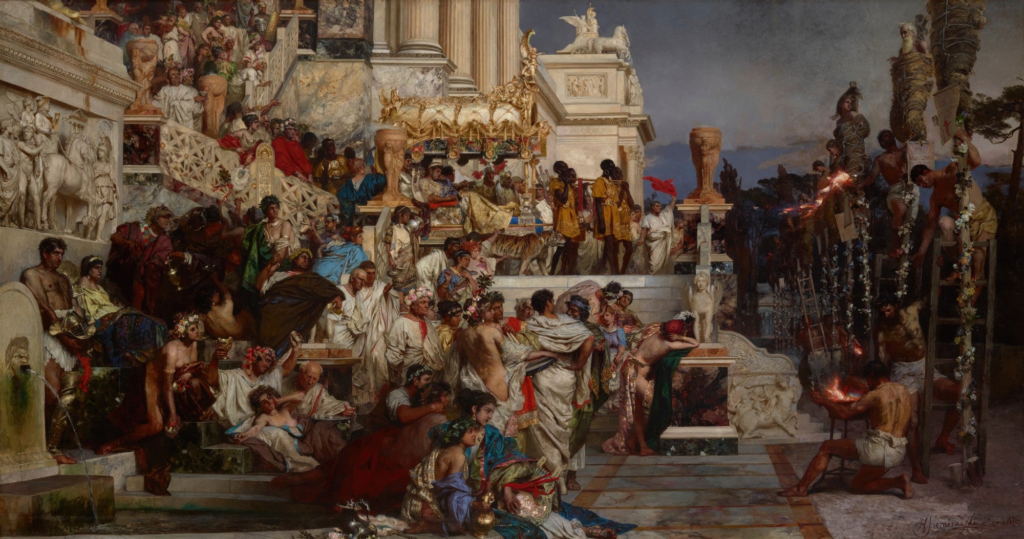 Uma pintura grandiosa e detalhada de uma cena noturna da Roma Antiga, com muitas figuras em um banquete e outras sendo usadas como tochas em primeiro plano, com arquitetura clássica e um céu escuro ao fundo.