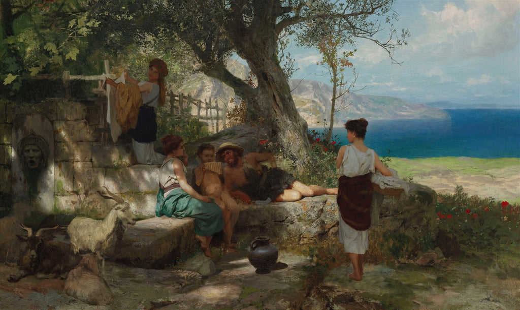 Quadro decorativo mostrando uma cena pastoral à beira-mar com figuras clássicas descansando sob uma árvore, com o oceano azul ao fundo, atribuído a Henryk Siemiradzki.