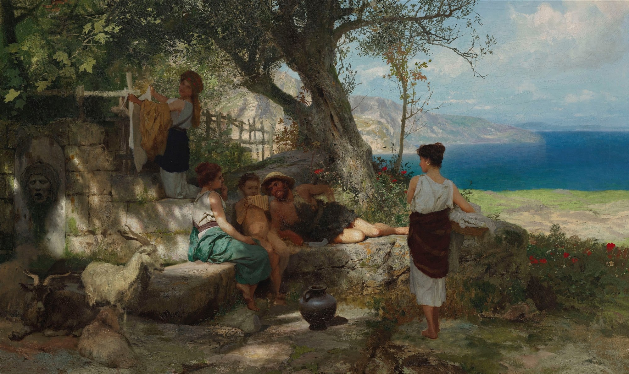 Quadro decorativo mostrando uma cena pastoral à beira-mar com figuras clássicas descansando sob uma árvore, com o oceano azul ao fundo, atribuído a Henryk Siemiradzki.