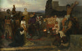Quadro decorativo "A Luz do Cristianismo" de Henryk Siemiradzki, mostrando a perseguição de cristãos no Império Romano, com figuras crucificadas, uma mulher em destaque e um busto de Nero ao fundo. A cena é dramática e rica em detalhes, com uma esfinge e arquitetura clássica.