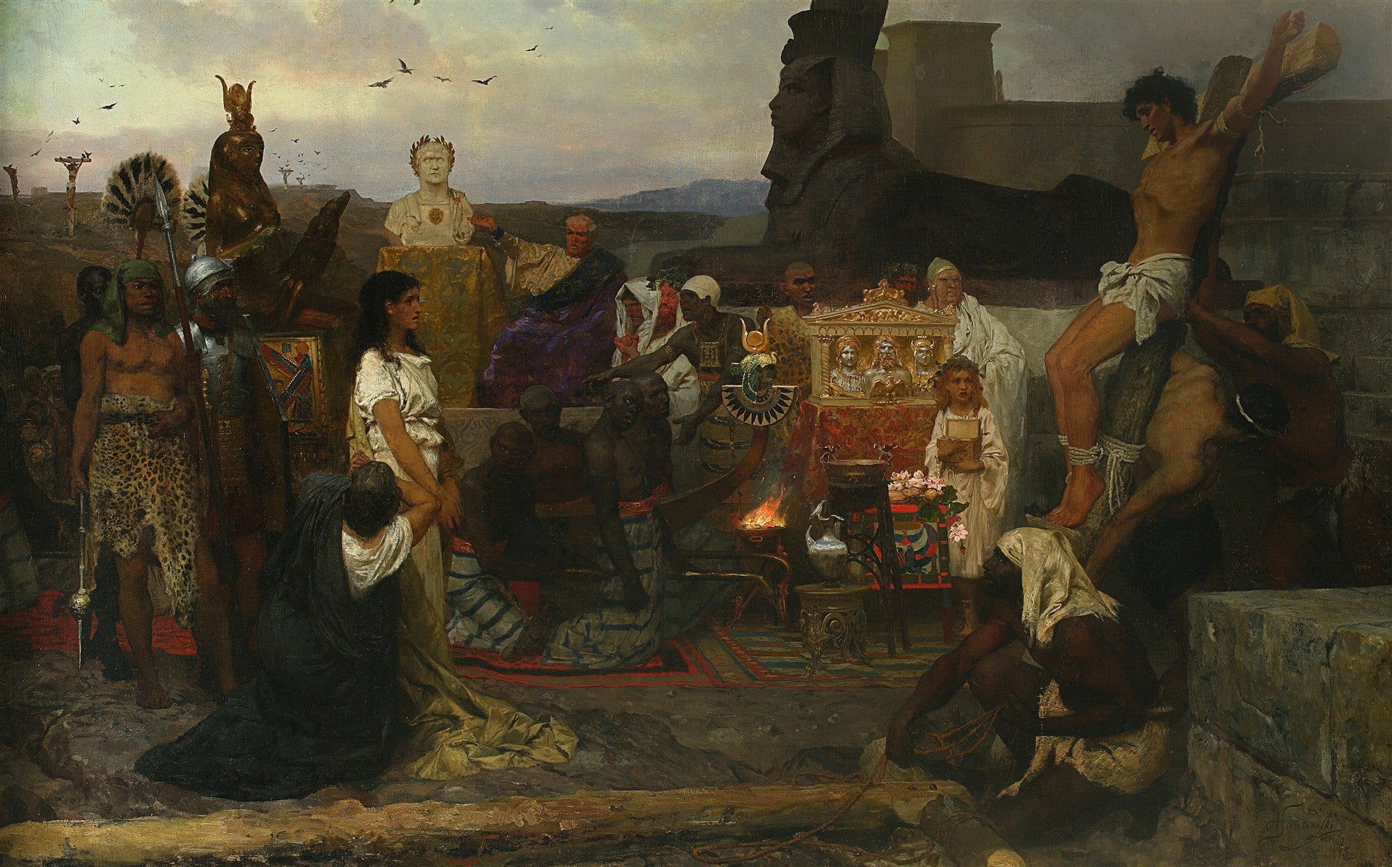 Quadro decorativo "A Luz do Cristianismo" de Henryk Siemiradzki, mostrando a perseguição de cristãos no Império Romano, com figuras crucificadas, uma mulher em destaque e um busto de Nero ao fundo. A cena é dramática e rica em detalhes, com uma esfinge e arquitetura clássica.