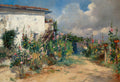 Pintura a óleo de um jardim florido com malvas-rosas em primeiro plano, uma casa branca de telhado de telha à esquerda e um céu azul com nuvens brancas, atribuída a Henryk Siemiradzki.