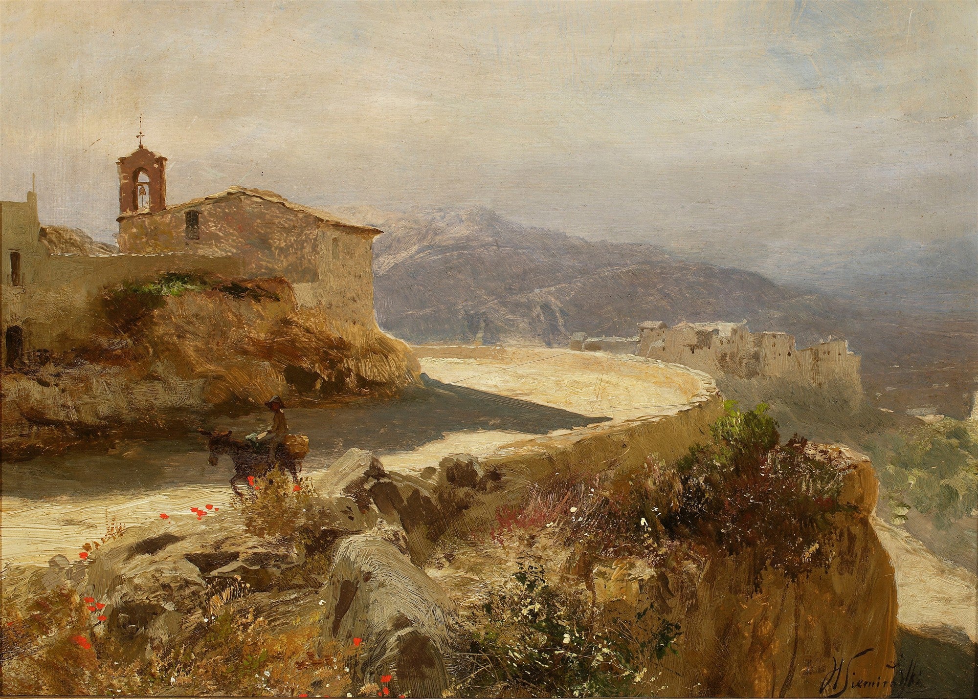 Pintura de paisagem mediterrânea com uma pequena igreja e um caminho sinuoso, montanhas ao fundo e um cavaleiro com burro em primeiro plano, atribuída a Henryk Siemiradzki
